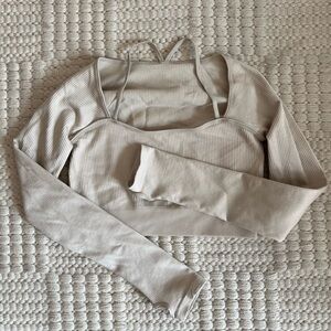 Beige Long Sleeve Ribbed Workout Top